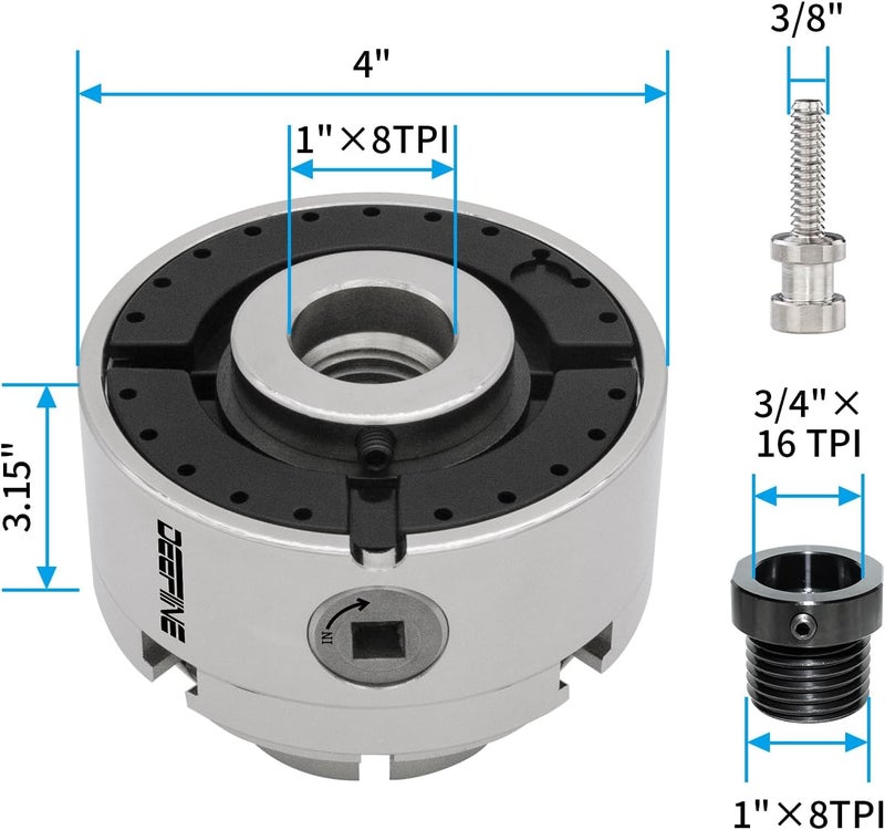 DEEFIINE 4 Inch Wood Lathe Chuck Set 1" x 8 tpi thread & 3/4"x16TPI Adapter, Nickel Plated Self Centering 4 Jaw Wood Turning Chuck set (2PCS jaws) - Image 4